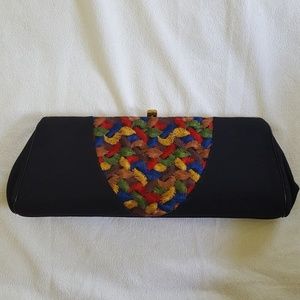 Vintage clutch, embroidered colorful feathers